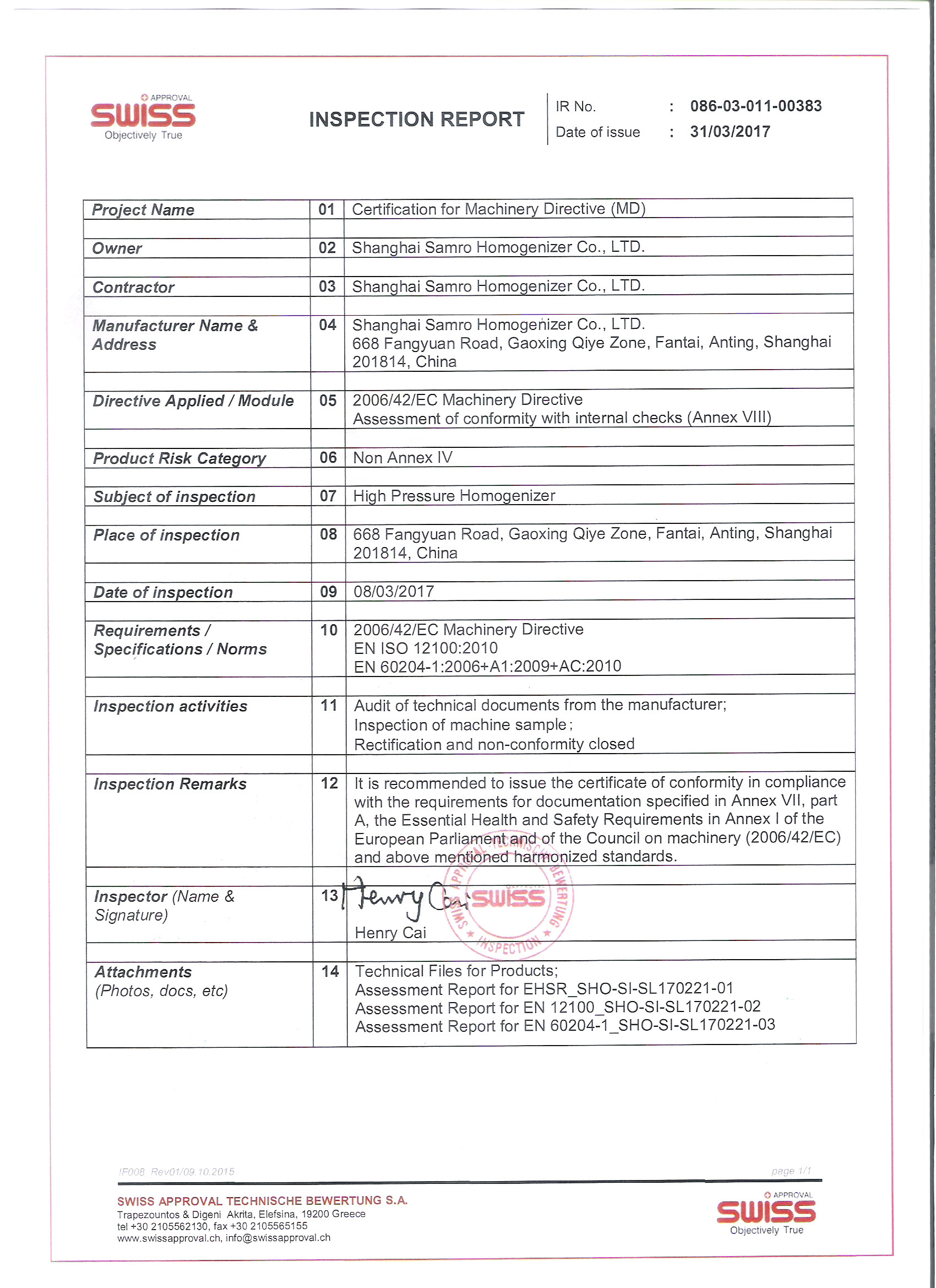 Китай ShangHai Samro Homogenizer CO.,LTD Сертификаты